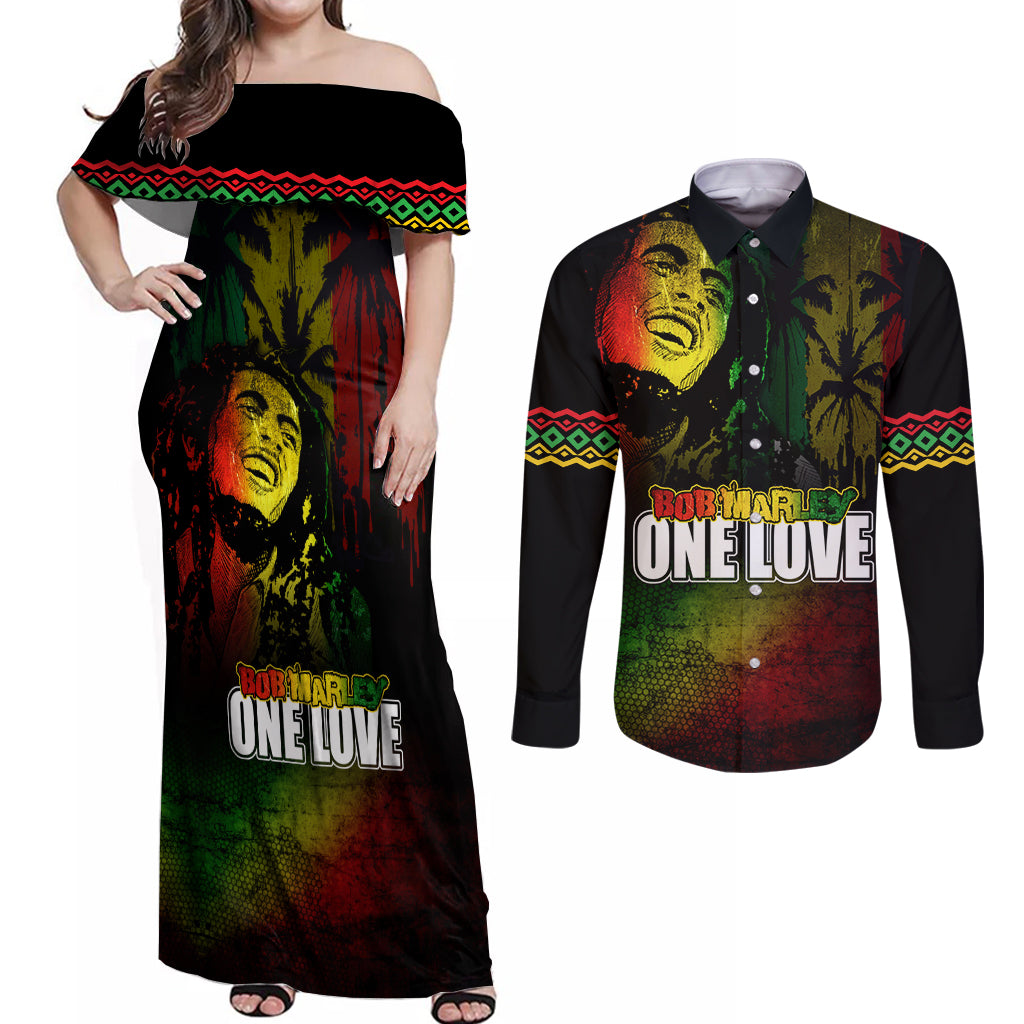 King of Reggae Couples Matching Off Shoulder Maxi Dress and Long Sleeve Button Shirt Jamaican Reggae One Love - Wonder Print Shop