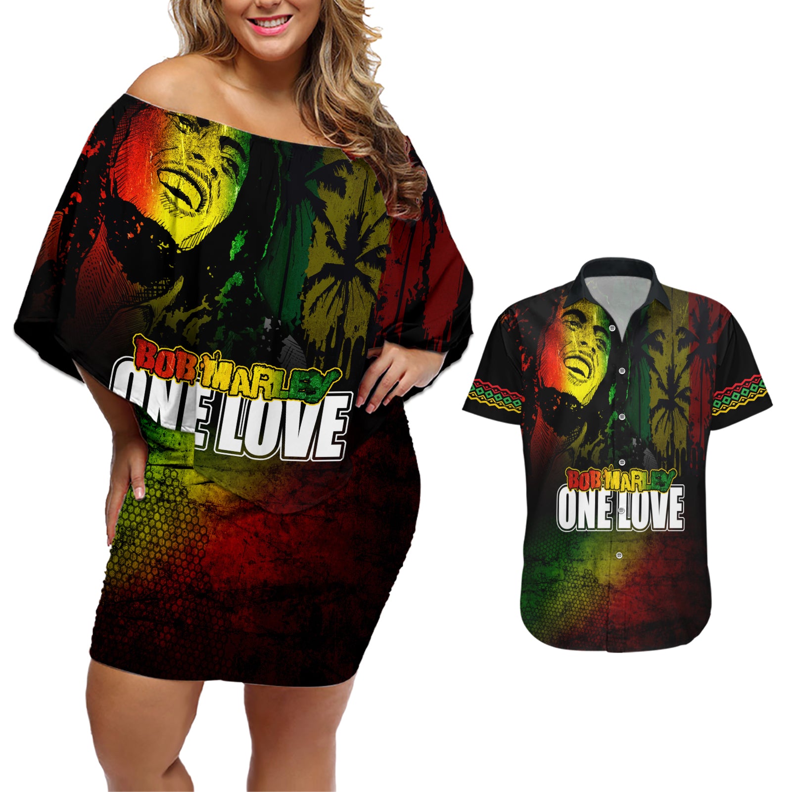 King of Reggae Couples Matching Off Shoulder Short Dress and Hawaiian Shirt Jamaican Reggae One Love - Wonder Print Shop