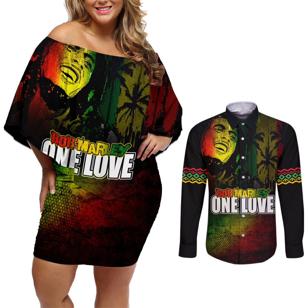 King of Reggae Couples Matching Off Shoulder Short Dress and Long Sleeve Button Shirt Jamaican Reggae One Love - Wonder Print Shop