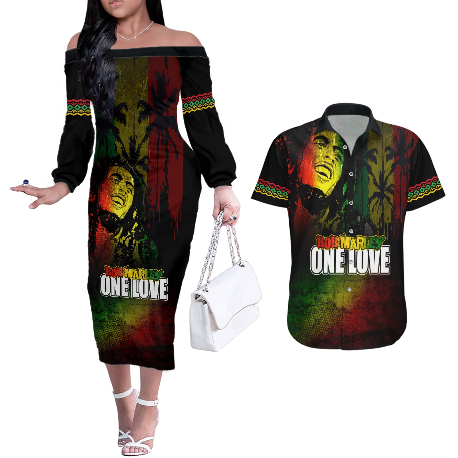 King of Reggae Couples Matching Off The Shoulder Long Sleeve Dress and Hawaiian Shirt Jamaican Reggae One Love