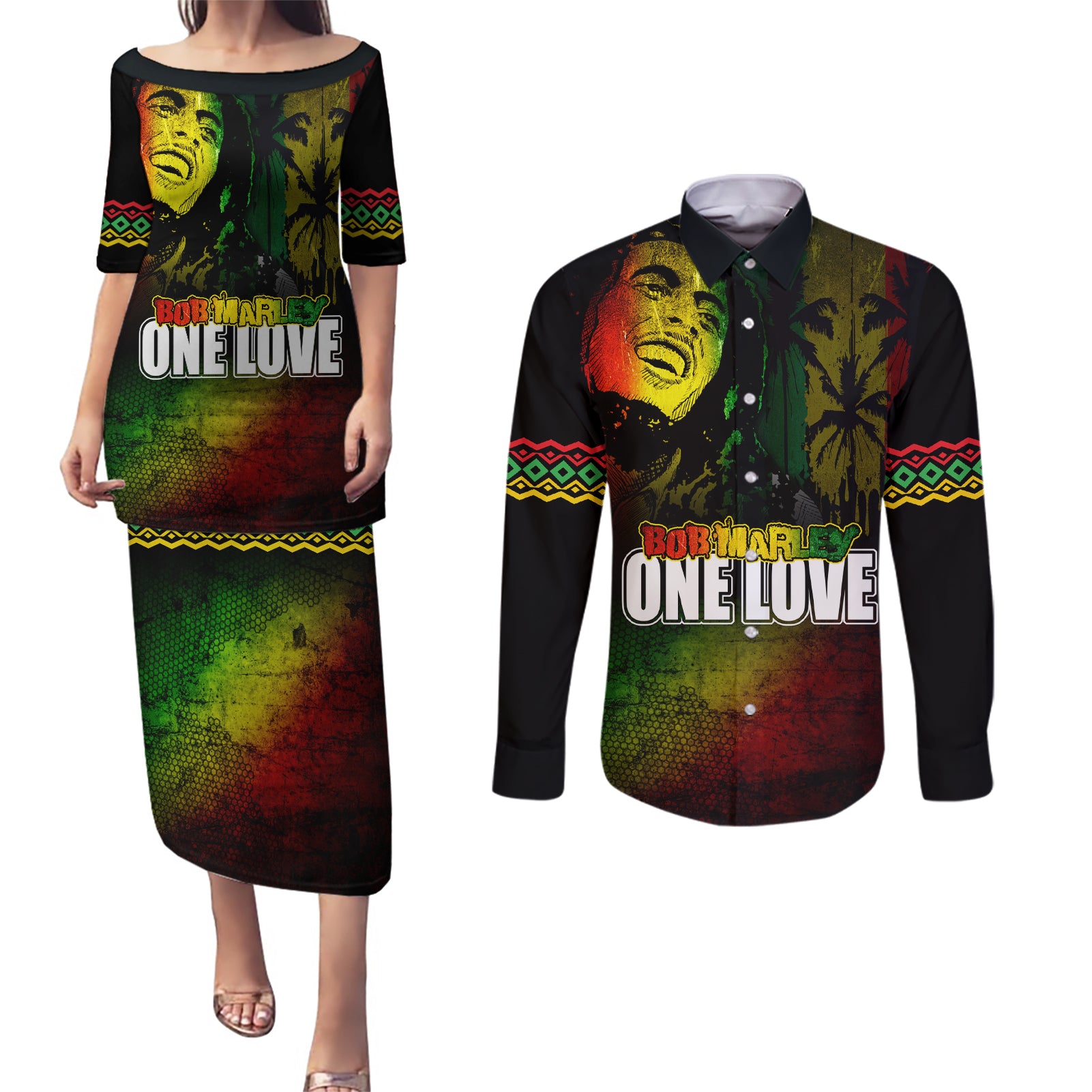 King of Reggae Couples Matching Puletasi and Long Sleeve Button Shirt Jamaican Reggae One Love - Wonder Print Shop