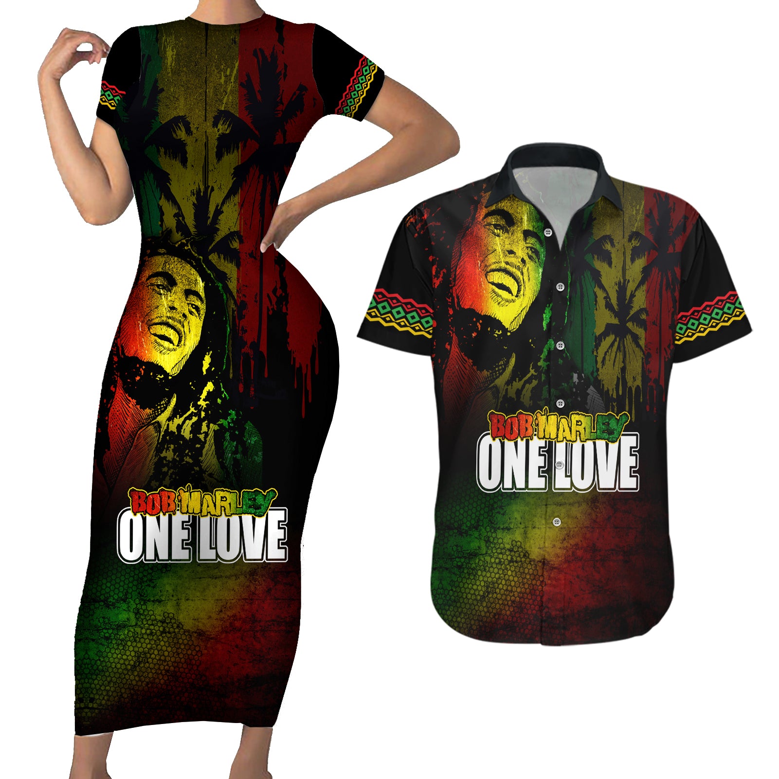 King of Reggae Couples Matching Short Sleeve Bodycon Dress and Hawaiian Shirt Jamaican Reggae One Love - Wonder Print Shop