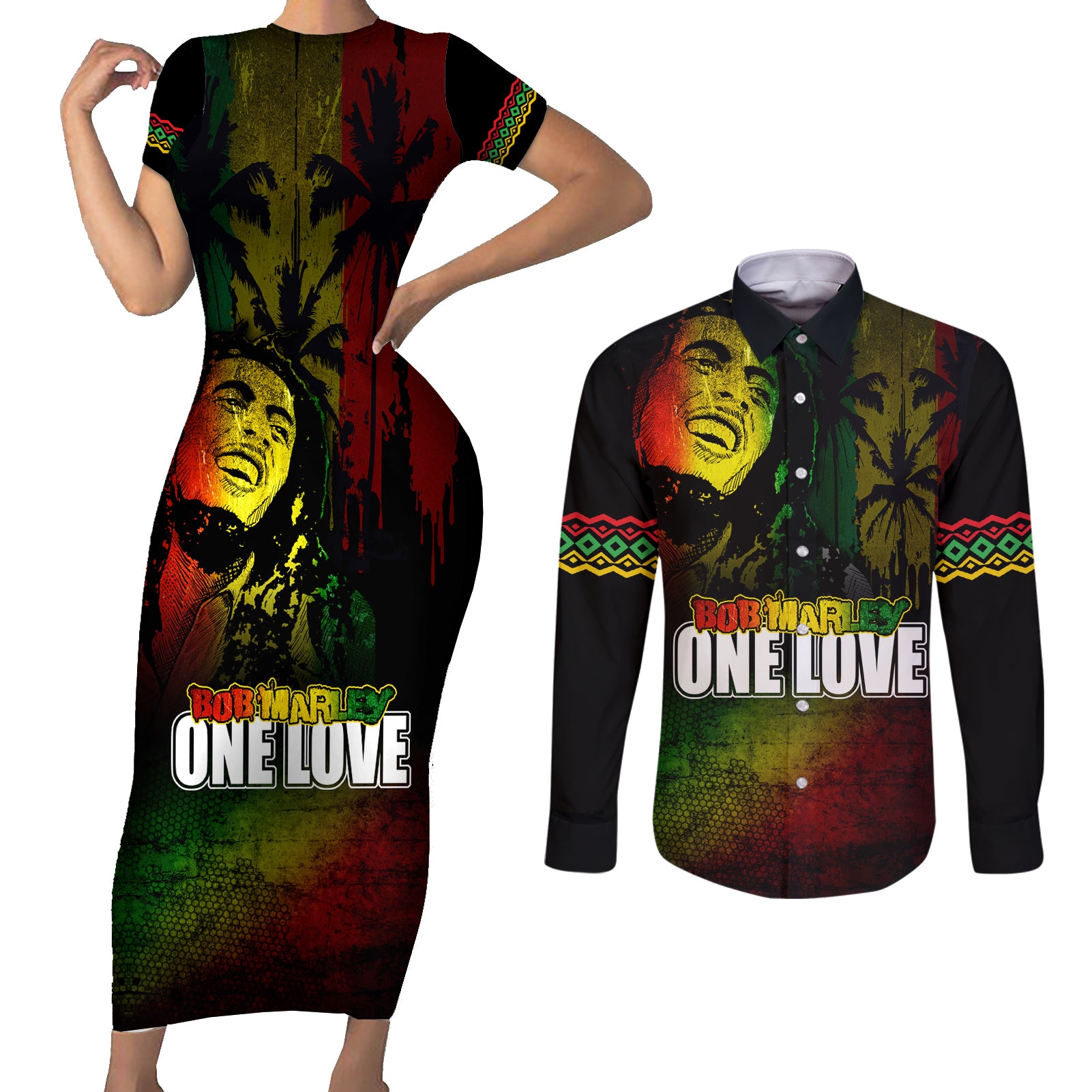 King of Reggae Couples Matching Short Sleeve Bodycon Dress and Long Sleeve Button Shirt Jamaican Reggae One Love - Wonder Print Shop