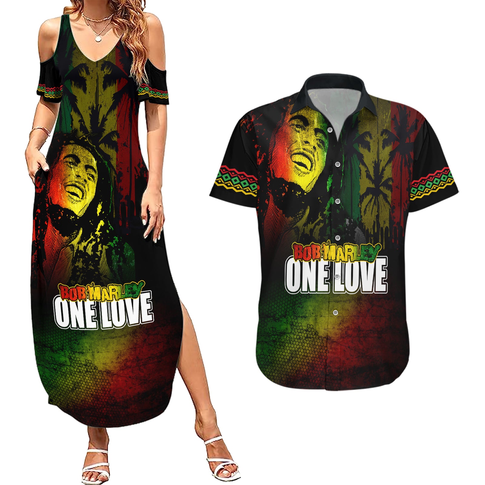 King of Reggae Couples Matching Summer Maxi Dress and Hawaiian Shirt Jamaican Reggae One Love