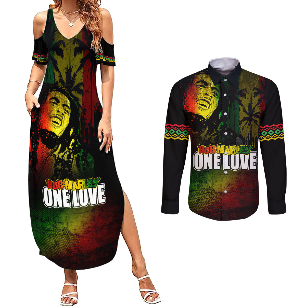 King of Reggae Couples Matching Summer Maxi Dress and Long Sleeve Button Shirt Jamaican Reggae One Love