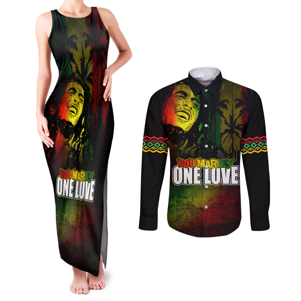 King of Reggae Couples Matching Tank Maxi Dress and Long Sleeve Button Shirt Jamaican Reggae One Love