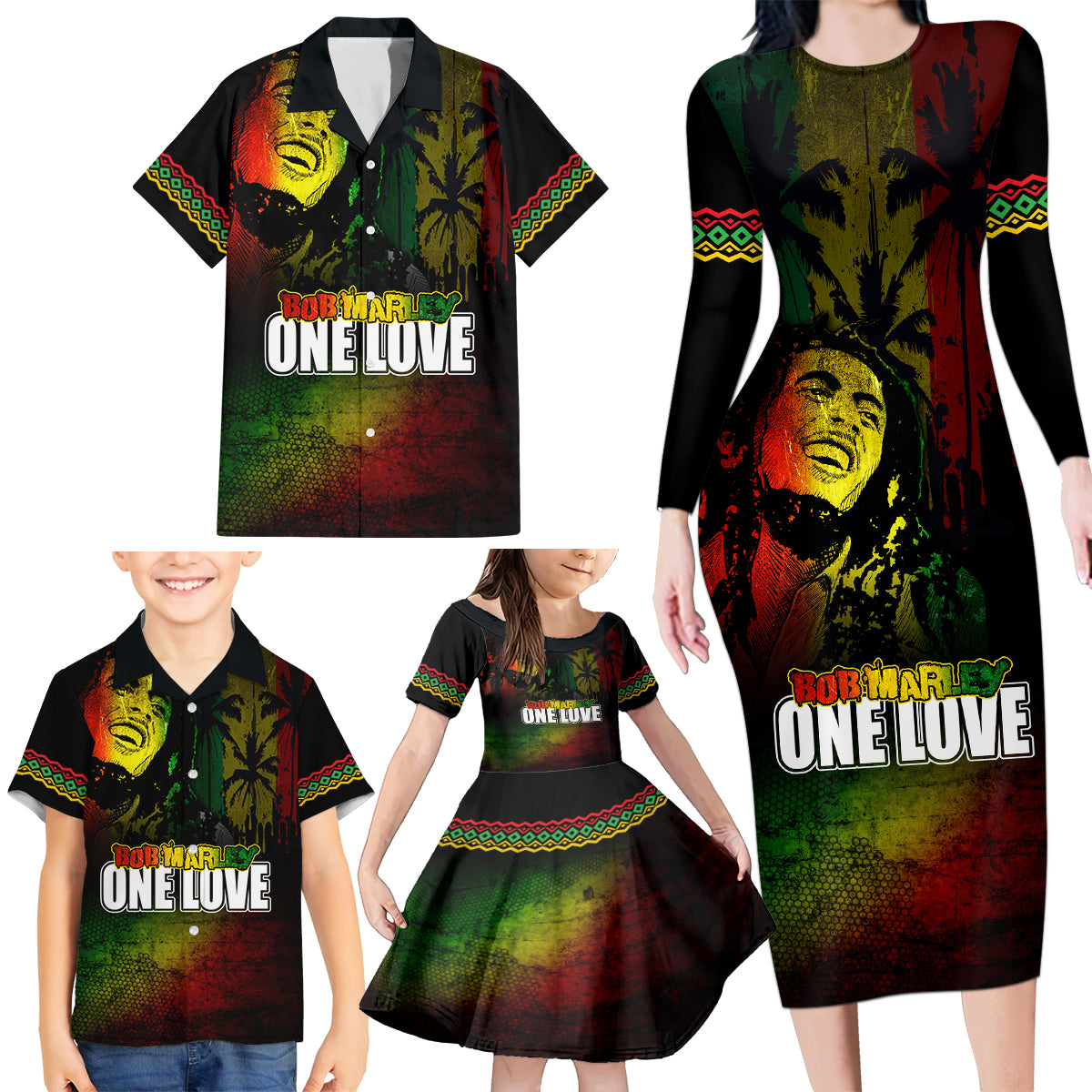 King of Reggae Family Matching Long Sleeve Bodycon Dress and Hawaiian Shirt Jamaican Reggae One Love