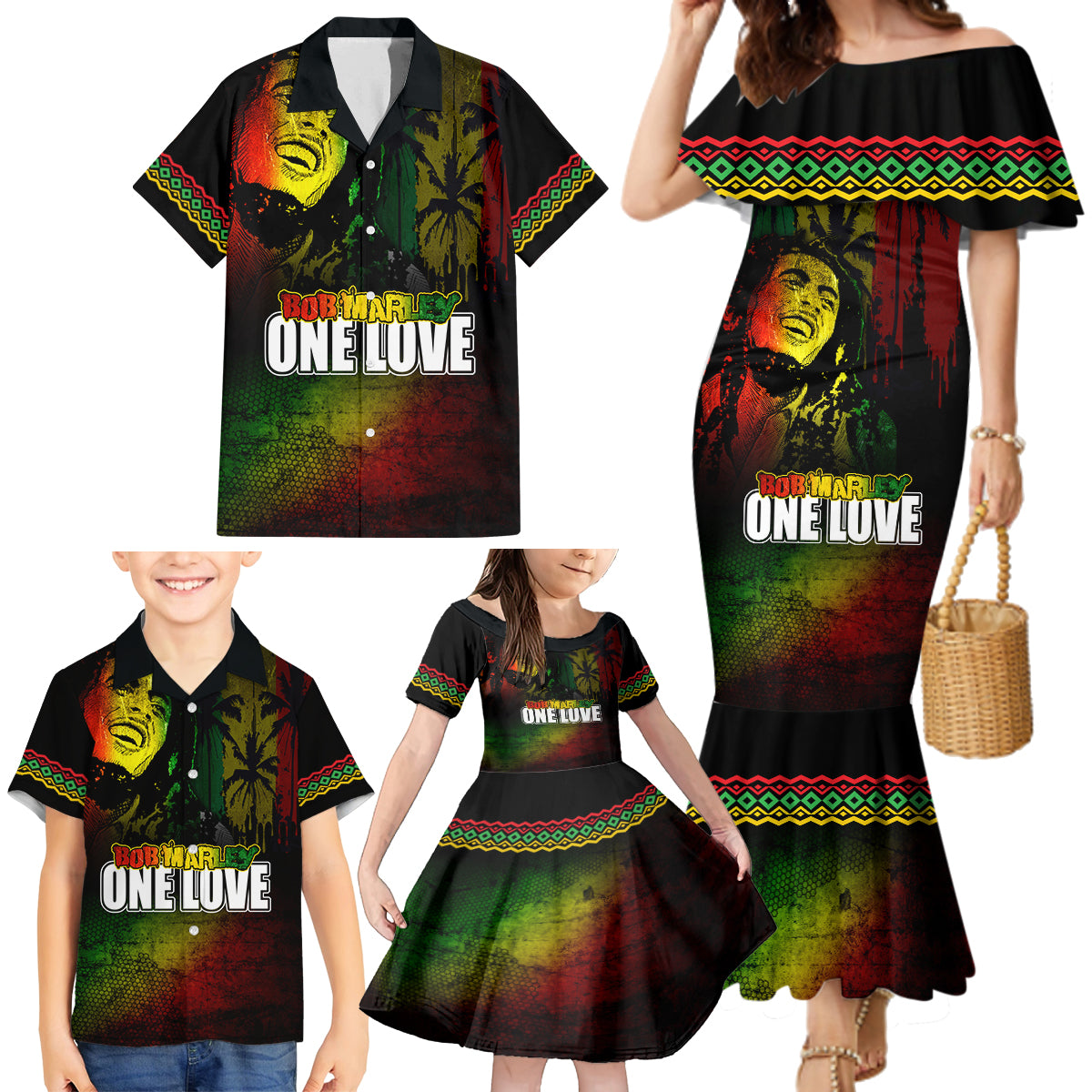 King of Reggae Family Matching Mermaid Dress and Hawaiian Shirt Jamaican Reggae One Love