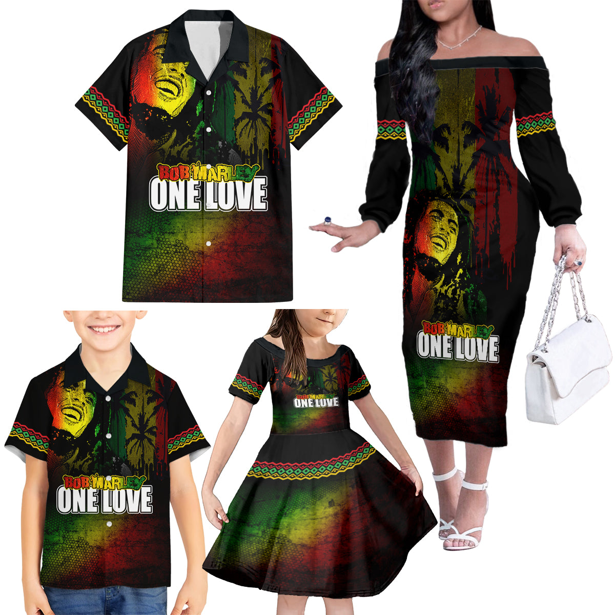 King of Reggae Family Matching Off The Shoulder Long Sleeve Dress and Hawaiian Shirt Jamaican Reggae One Love