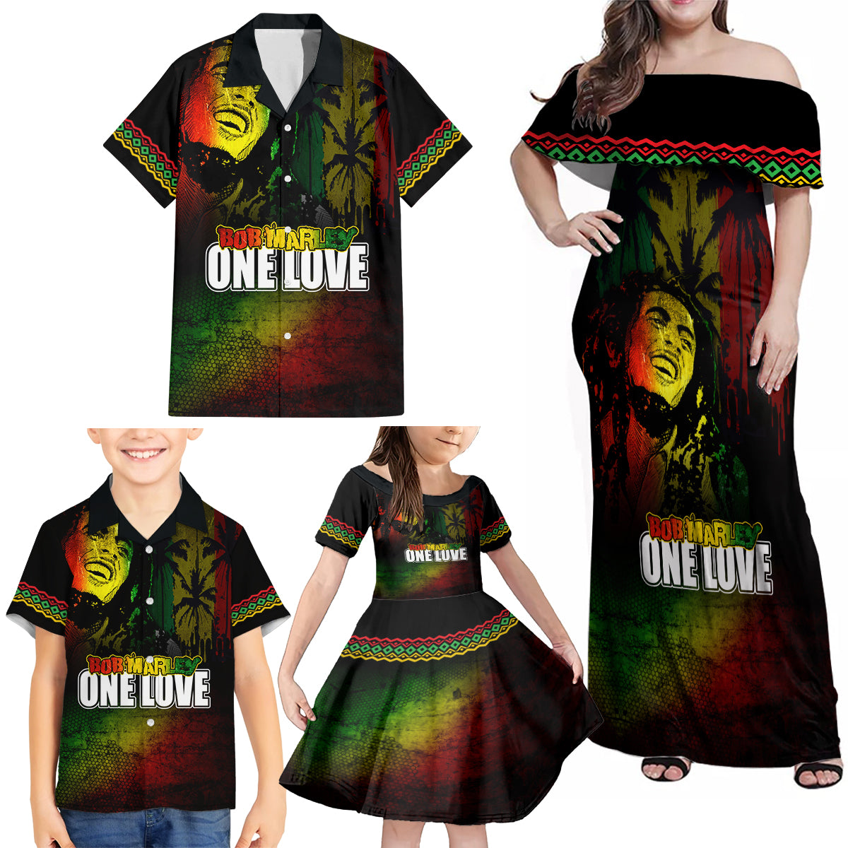 King of Reggae Family Matching Off Shoulder Maxi Dress and Hawaiian Shirt Jamaican Reggae One Love