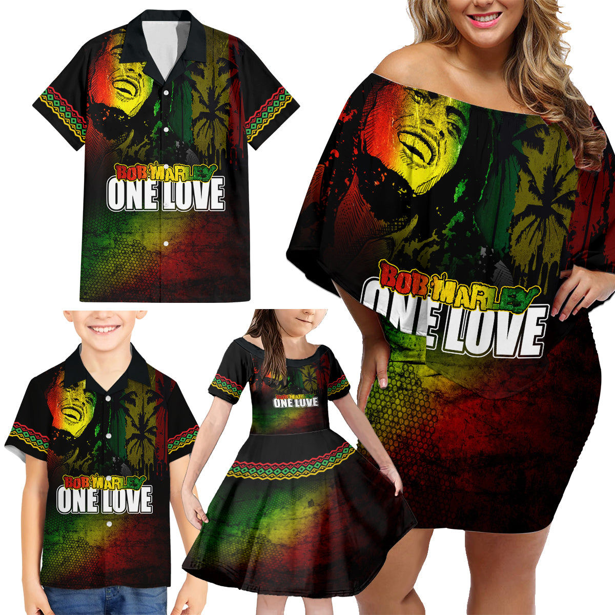 King of Reggae Family Matching Off Shoulder Short Dress and Hawaiian Shirt Jamaican Reggae One Love