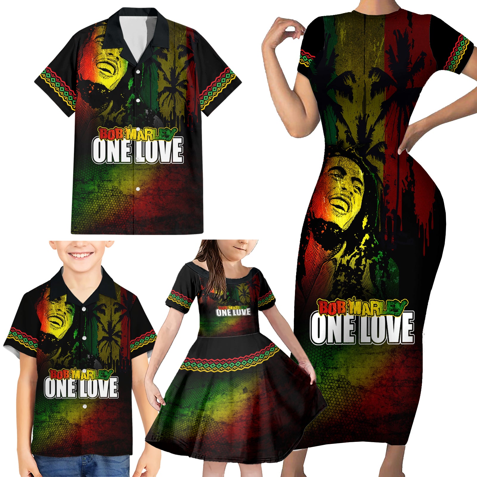 King of Reggae Family Matching Short Sleeve Bodycon Dress and Hawaiian Shirt Jamaican Reggae One Love