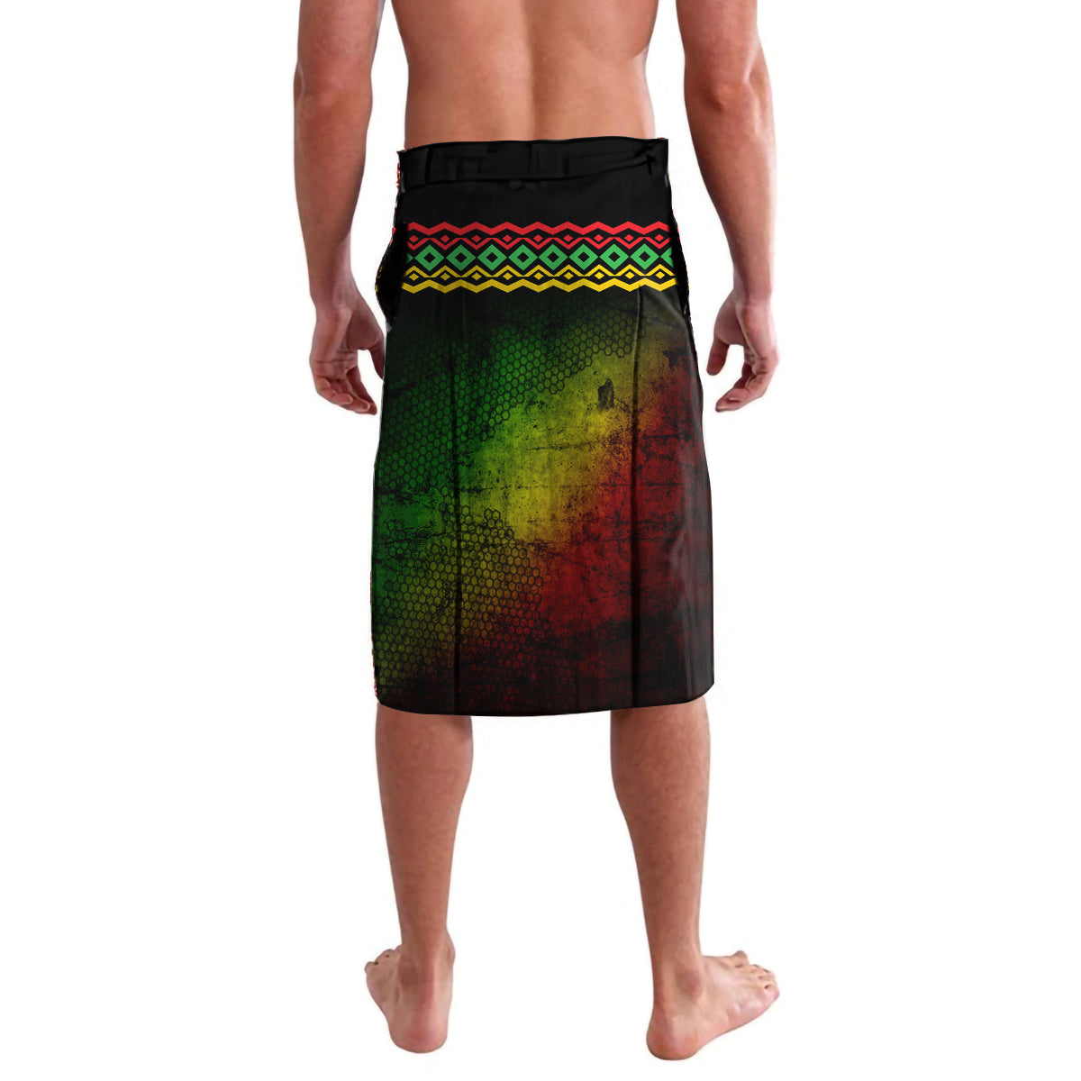 Knee-length reggae graphic shorts, black waistband with green red panel