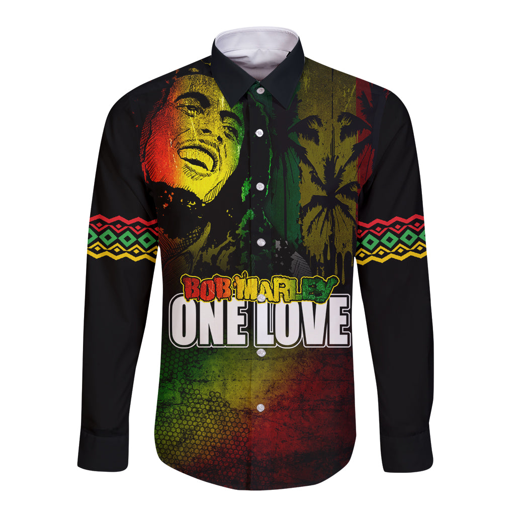 Unisex long-sleeve button-up shirt, black with colorful lion graphic and One Love text
