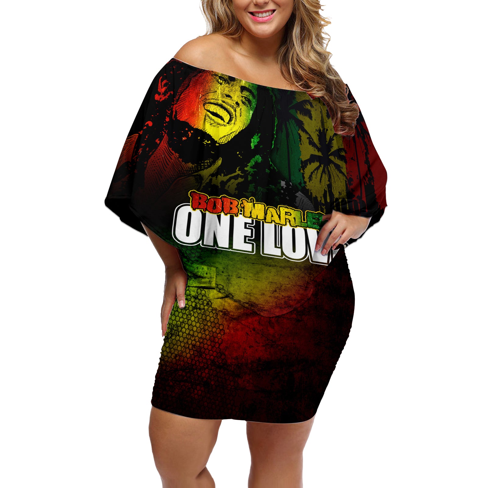 King of Reggae Off Shoulder Short Dress Jamaican Reggae One Love