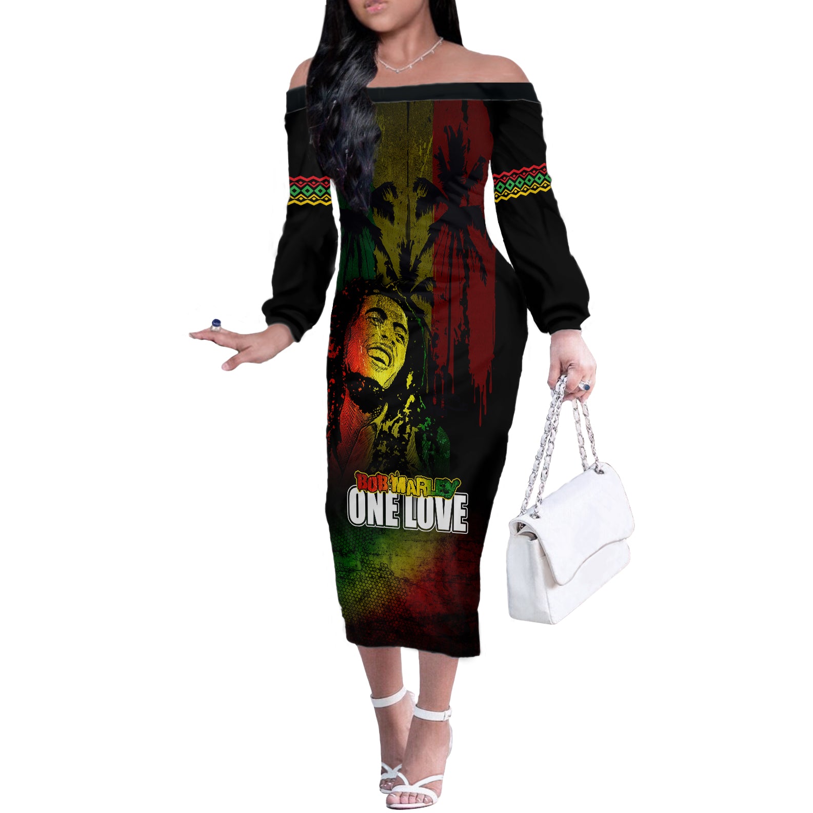 King of Reggae Off The Shoulder Long Sleeve Dress Jamaican Reggae One Love