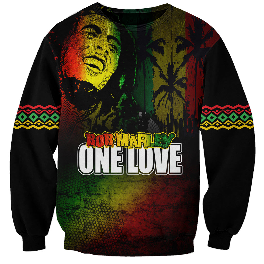 Unisex black sweatshirt with reggae portrait and “ONE LOVE” front text; patterned sleeves