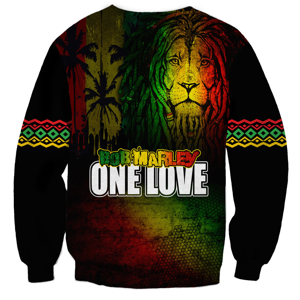 Unisex black sweatshirt with reggae lion portrait and “ONE LOVE” front text; patterned sleeves