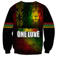 Unisex black sweatshirt with reggae lion portrait and “ONE LOVE” front text; patterned sleeves