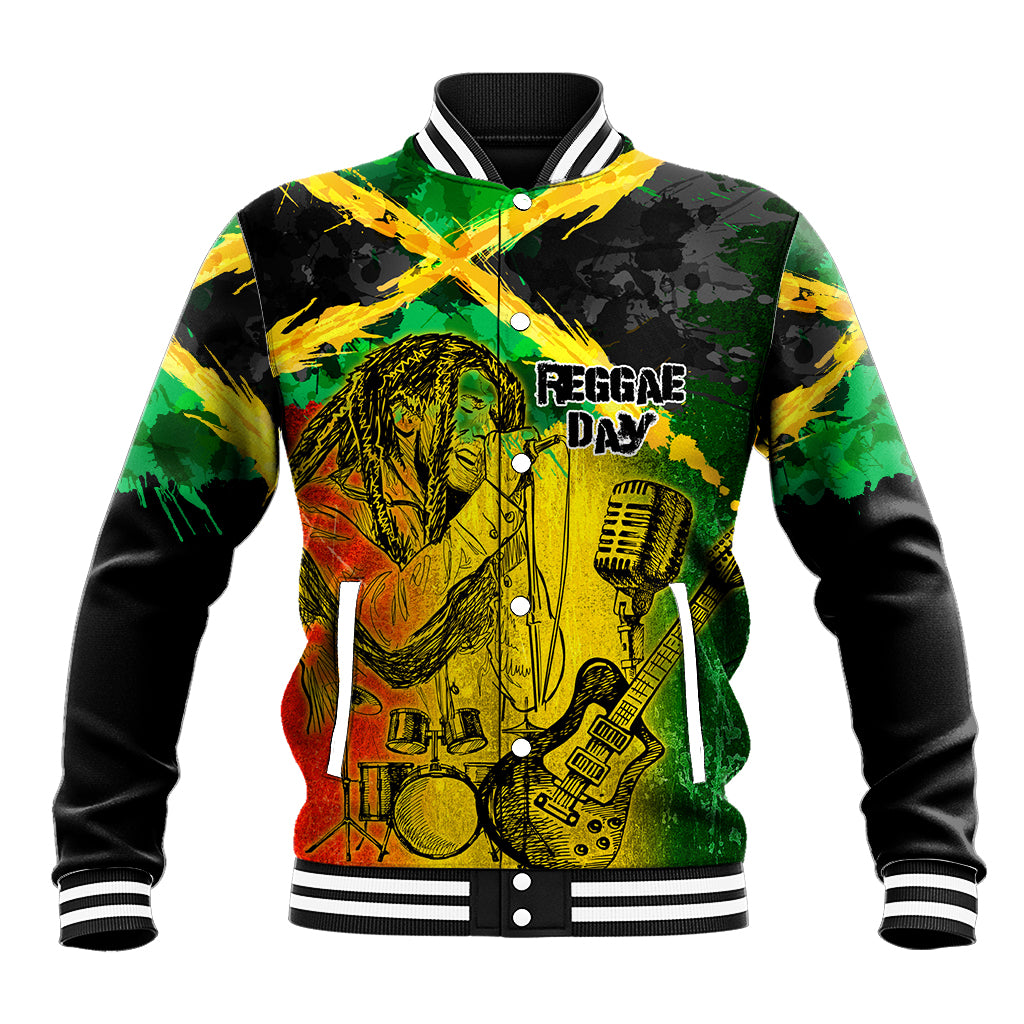 Unisex baseball jacket with reggae graphic, black sleeves, striped collar and cuffs