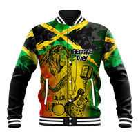 Unisex baseball jacket with reggae graphic, black sleeves, striped collar and cuffs