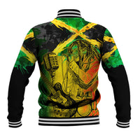Unisex baseball jacket with back reggae musician graphic, striped collar, black sleeves