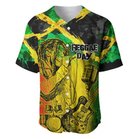 Reggae baseball jersey with green, black, and yellow microphone graphic; button-front