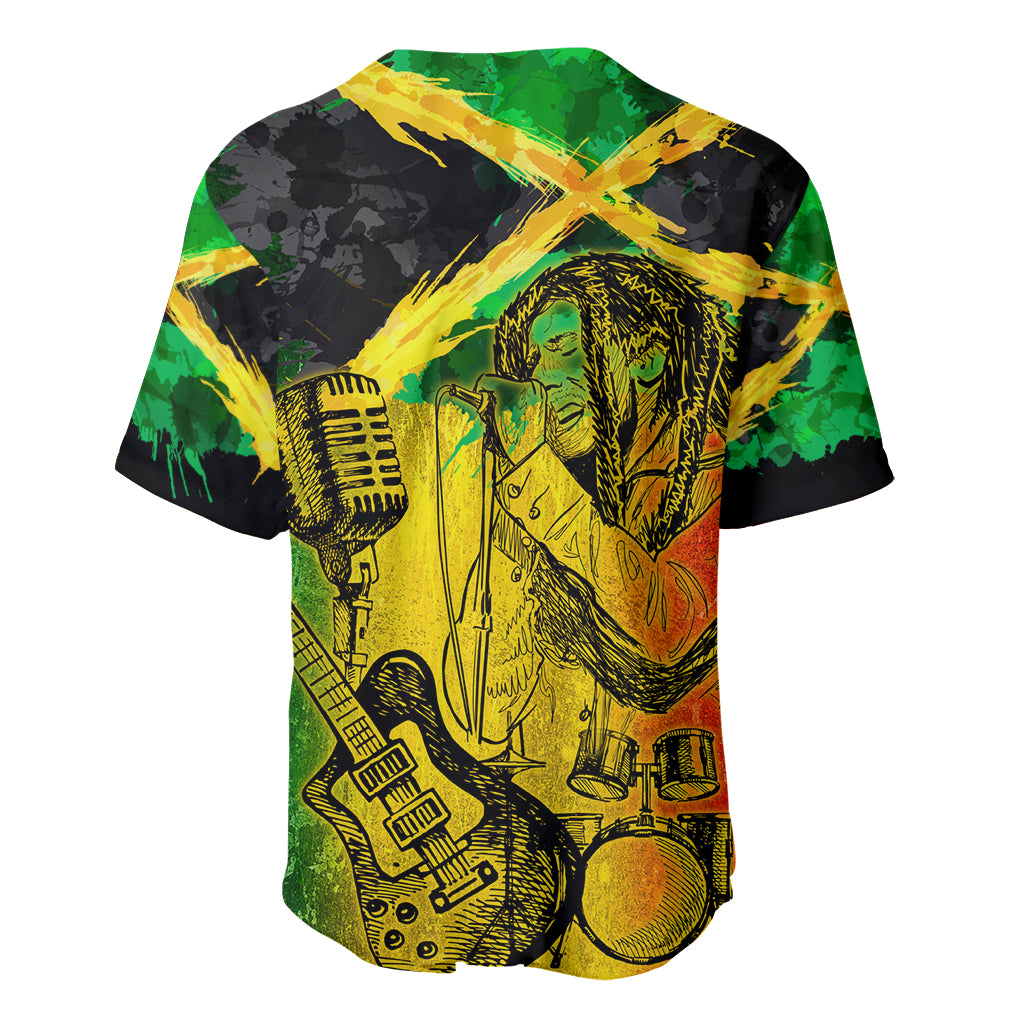 Reggae baseball jersey, black with green and yellow back print featuring lion and microphone