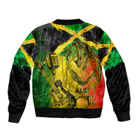 Bomber jacket with reggae print back showing singer and microphone, ribbed hem, multicolor