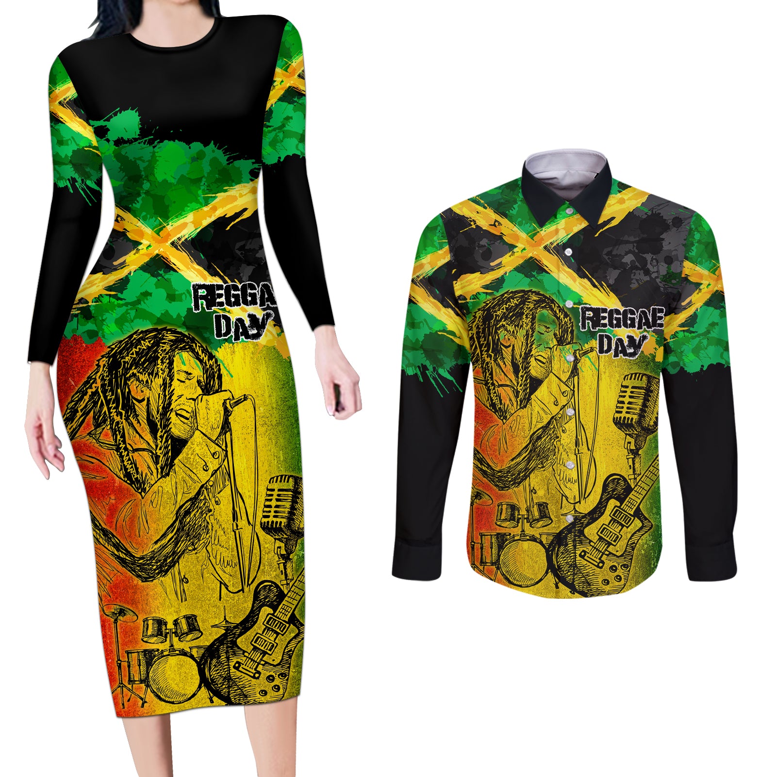 Jamaican Reggae Singer Couples Matching Long Sleeve Bodycon Dress and Long Sleeve Button Shirt B-Marley Reggae Grunge - Wonder Print Shop