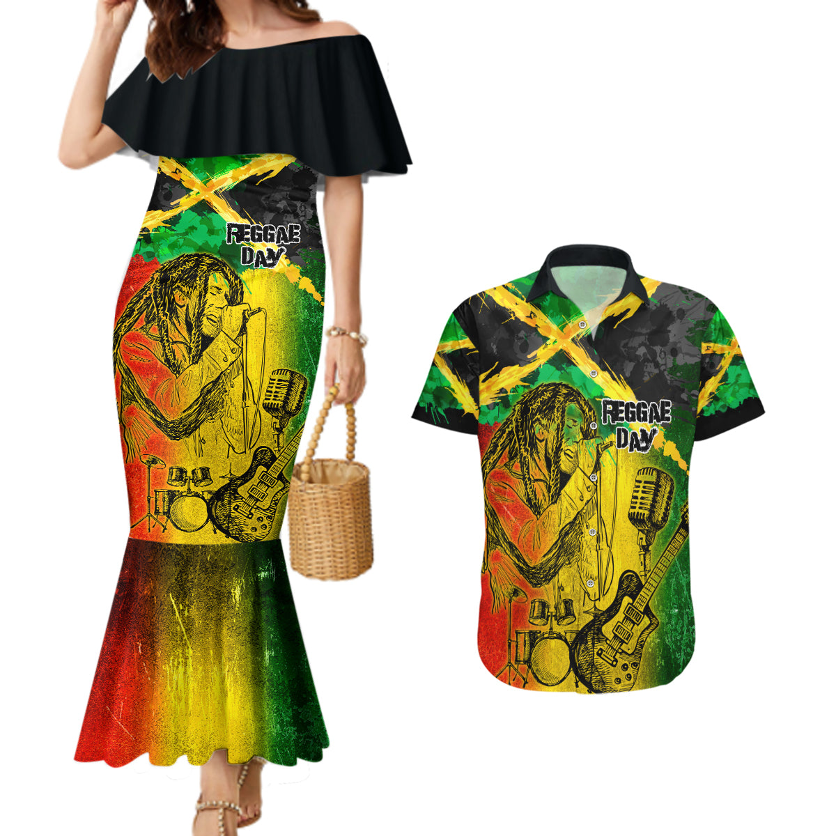 Jamaican Reggae Singer Couples Matching Mermaid Dress and Hawaiian Shirt B-Marley Reggae Grunge - Wonder Print Shop