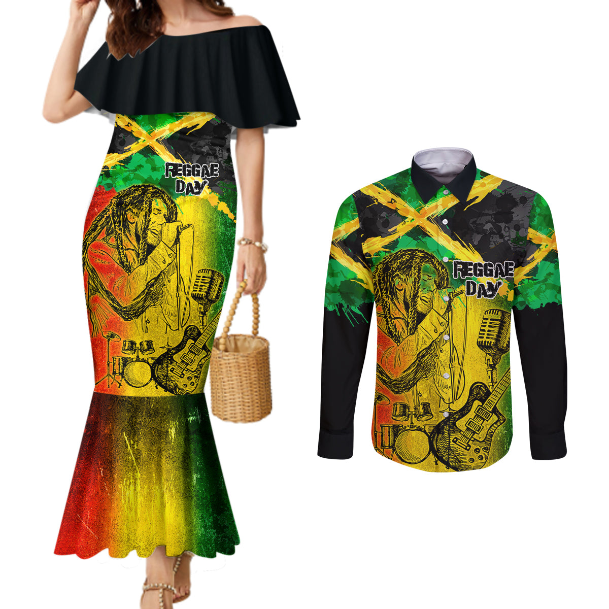 Jamaican Reggae Singer Couples Matching Mermaid Dress and Long Sleeve Button Shirt B-Marley Reggae Grunge