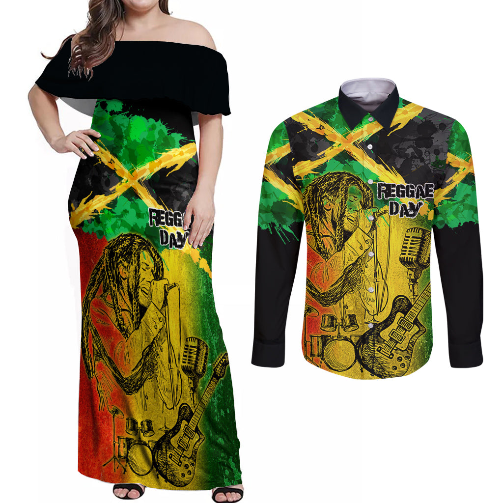 Jamaican Reggae Singer Couples Matching Off Shoulder Maxi Dress and Long Sleeve Button Shirt B-Marley Reggae Grunge - Wonder Print Shop