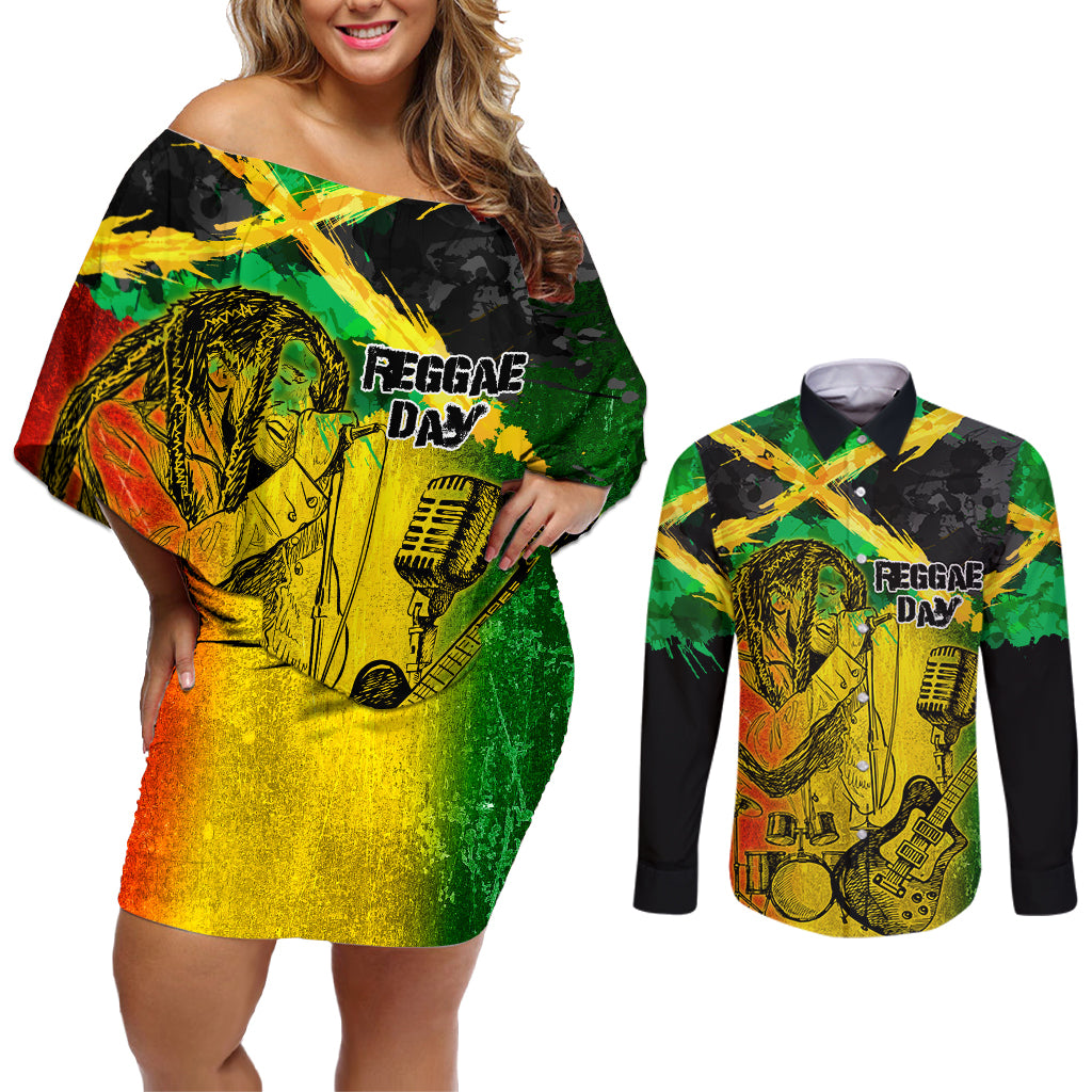 Jamaican Reggae Singer Couples Matching Off Shoulder Short Dress and Long Sleeve Button Shirt B-Marley Reggae Grunge - Wonder Print Shop