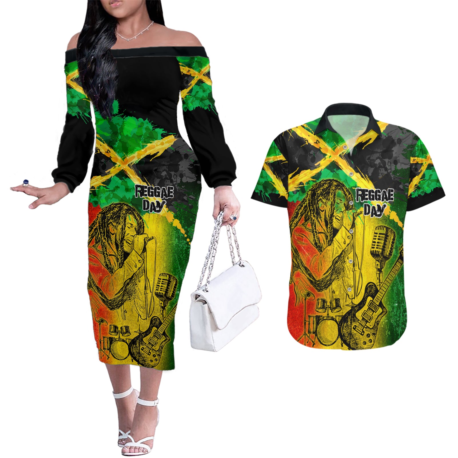 Jamaican Reggae Singer Couples Matching Off The Shoulder Long Sleeve Dress and Hawaiian Shirt B-Marley Reggae Grunge - Wonder Print Shop