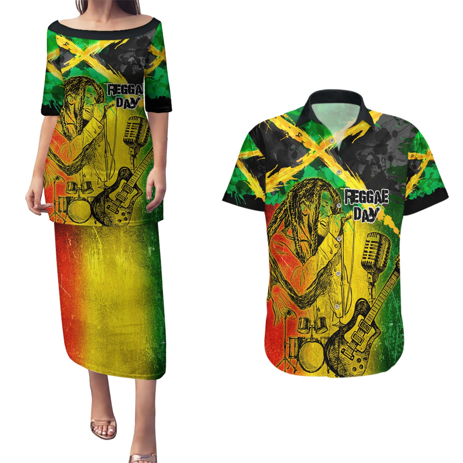 Jamaican Reggae Singer Couples Matching Puletasi and Hawaiian Shirt B-Marley Reggae Grunge - Wonder Print Shop