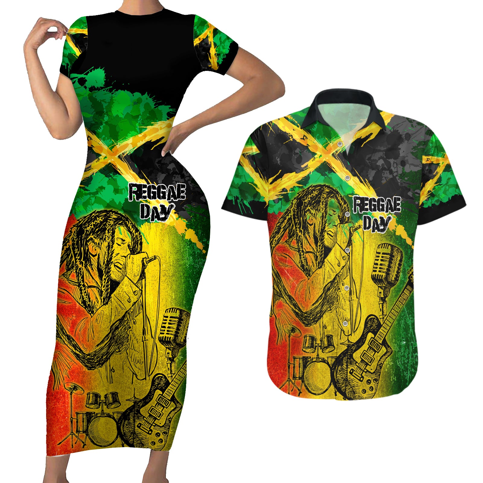 Jamaican Reggae Singer Couples Matching Short Sleeve Bodycon Dress and Hawaiian Shirt B-Marley Reggae Grunge - Wonder Print Shop