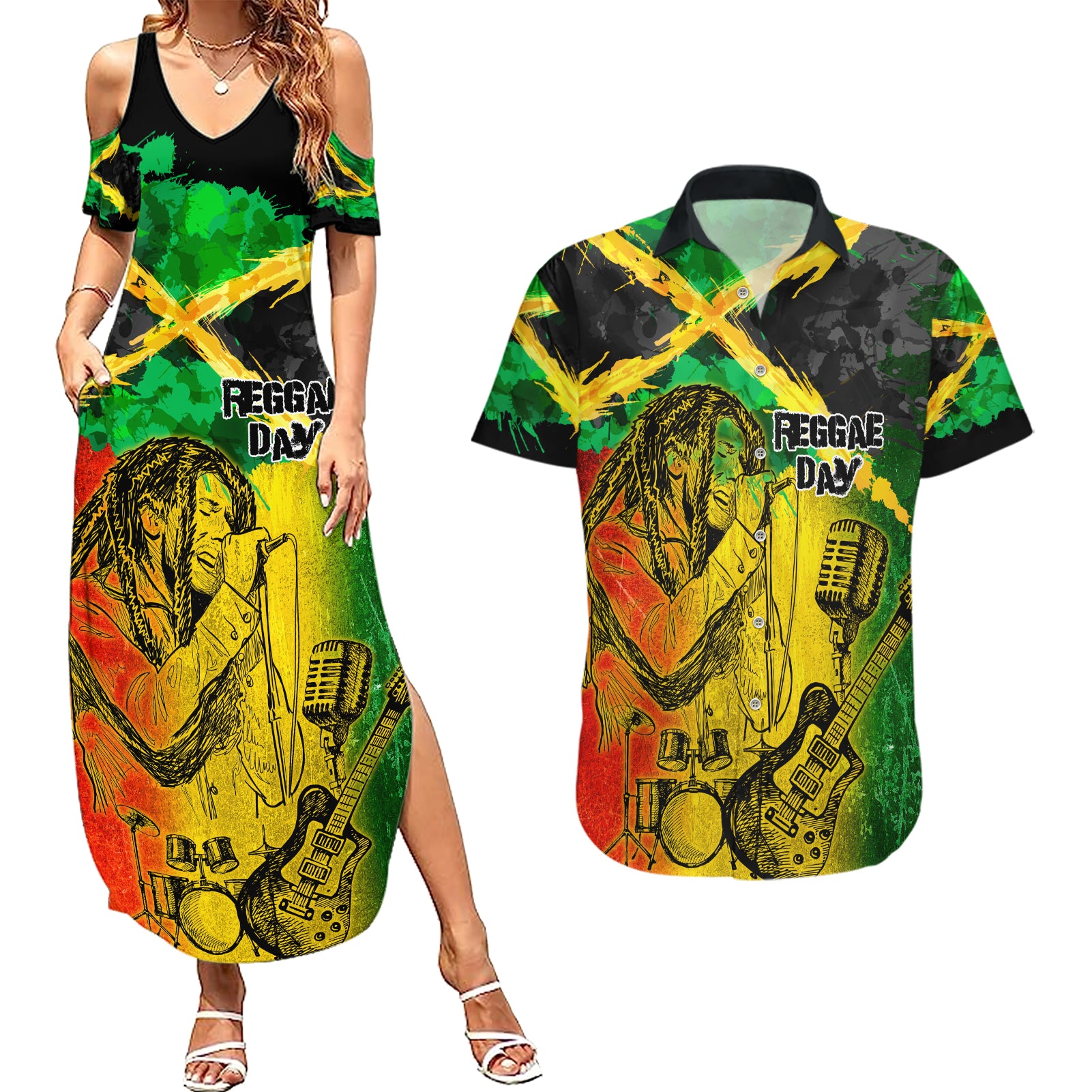 Jamaican Reggae Singer Couples Matching Summer Maxi Dress and Hawaiian Shirt B-Marley Reggae Grunge