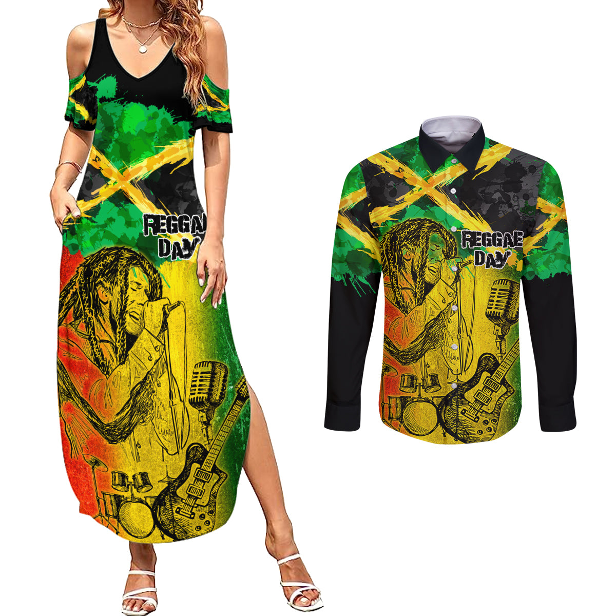 Jamaican Reggae Singer Couples Matching Summer Maxi Dress and Long Sleeve Button Shirt B-Marley Reggae Grunge