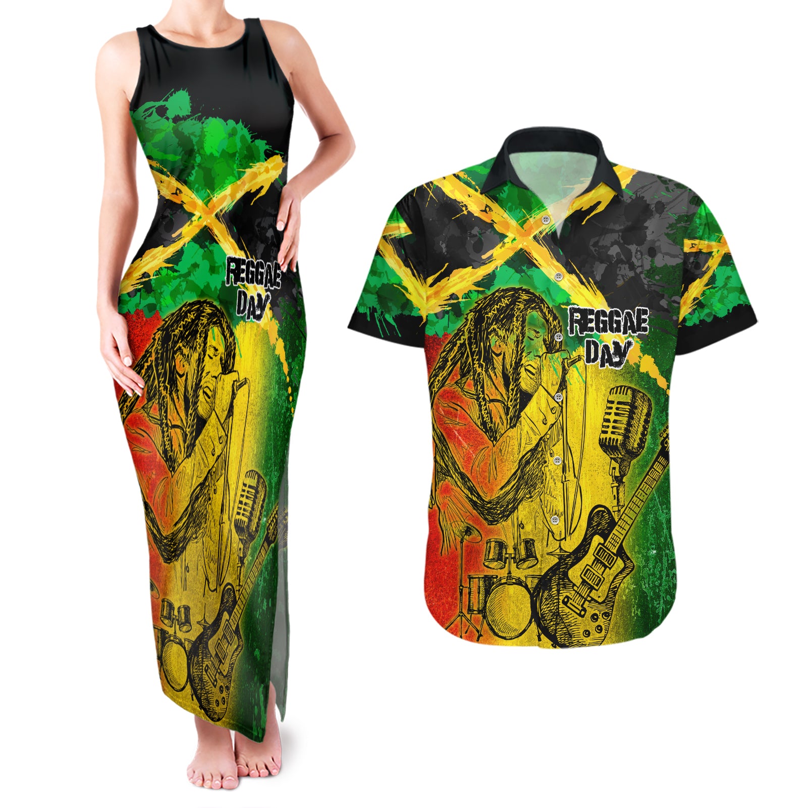 Jamaican Reggae Singer Couples Matching Tank Maxi Dress and Hawaiian Shirt B-Marley Reggae Grunge