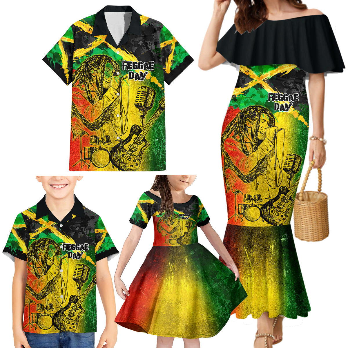 Jamaican Reggae Singer Family Matching Mermaid Dress and Hawaiian Shirt B-Marley Reggae Grunge - Wonder Print Shop