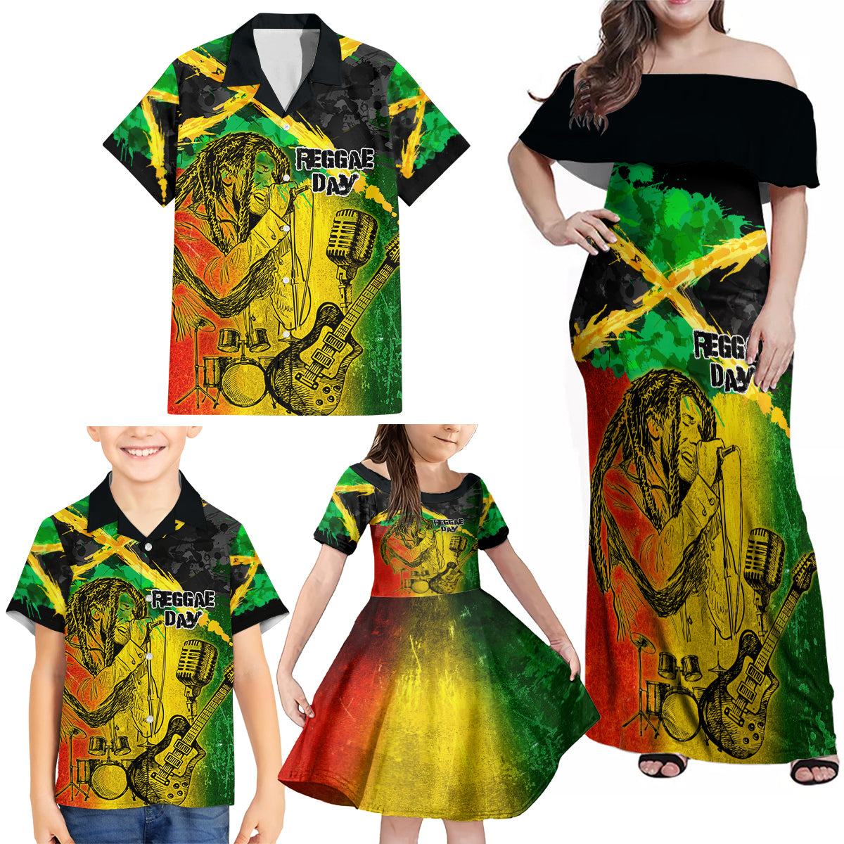 Jamaican Reggae Singer Family Matching Off Shoulder Maxi Dress and Hawaiian Shirt B-Marley Reggae Grunge