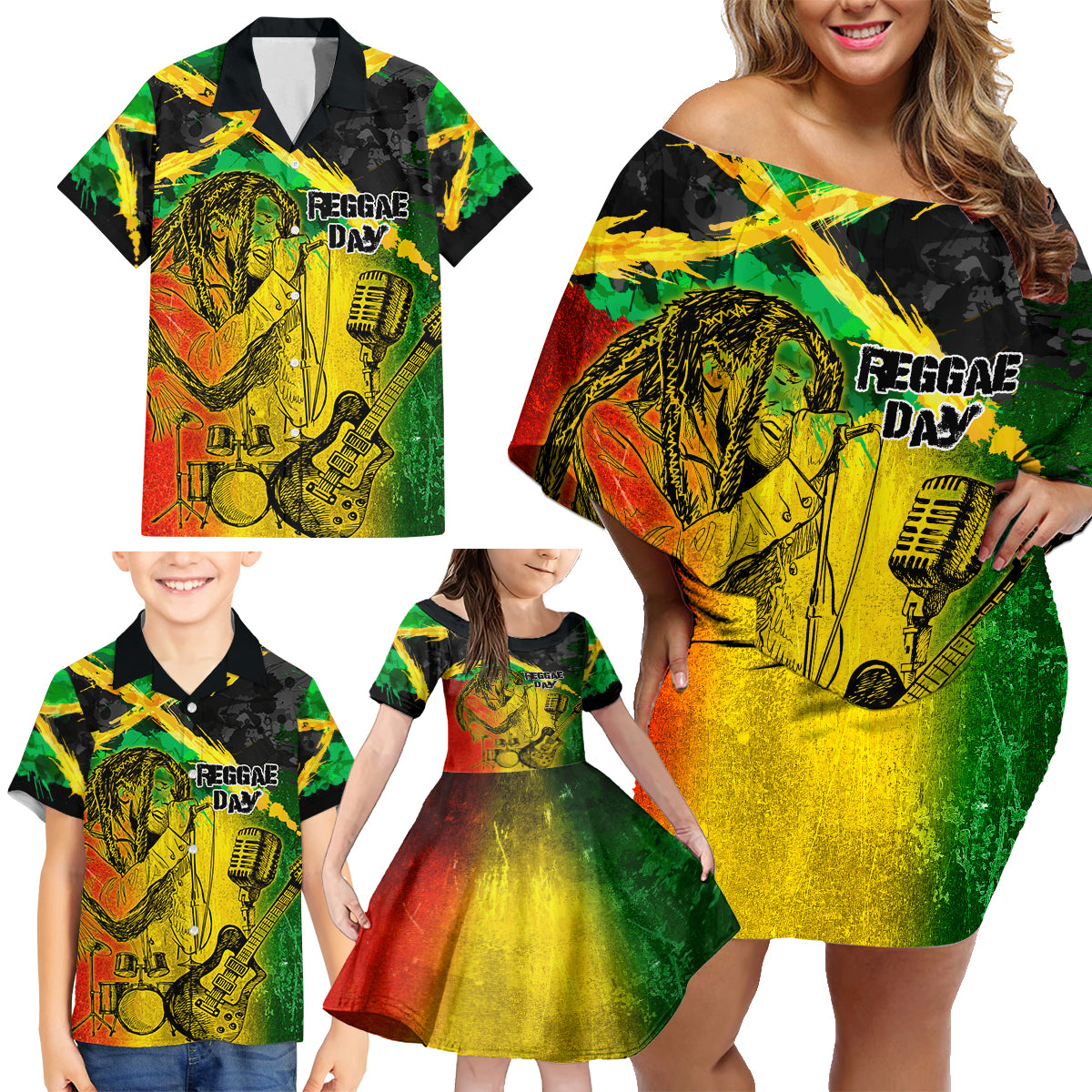 Jamaican Reggae Singer Family Matching Off Shoulder Short Dress and Hawaiian Shirt B-Marley Reggae Grunge - Wonder Print Shop