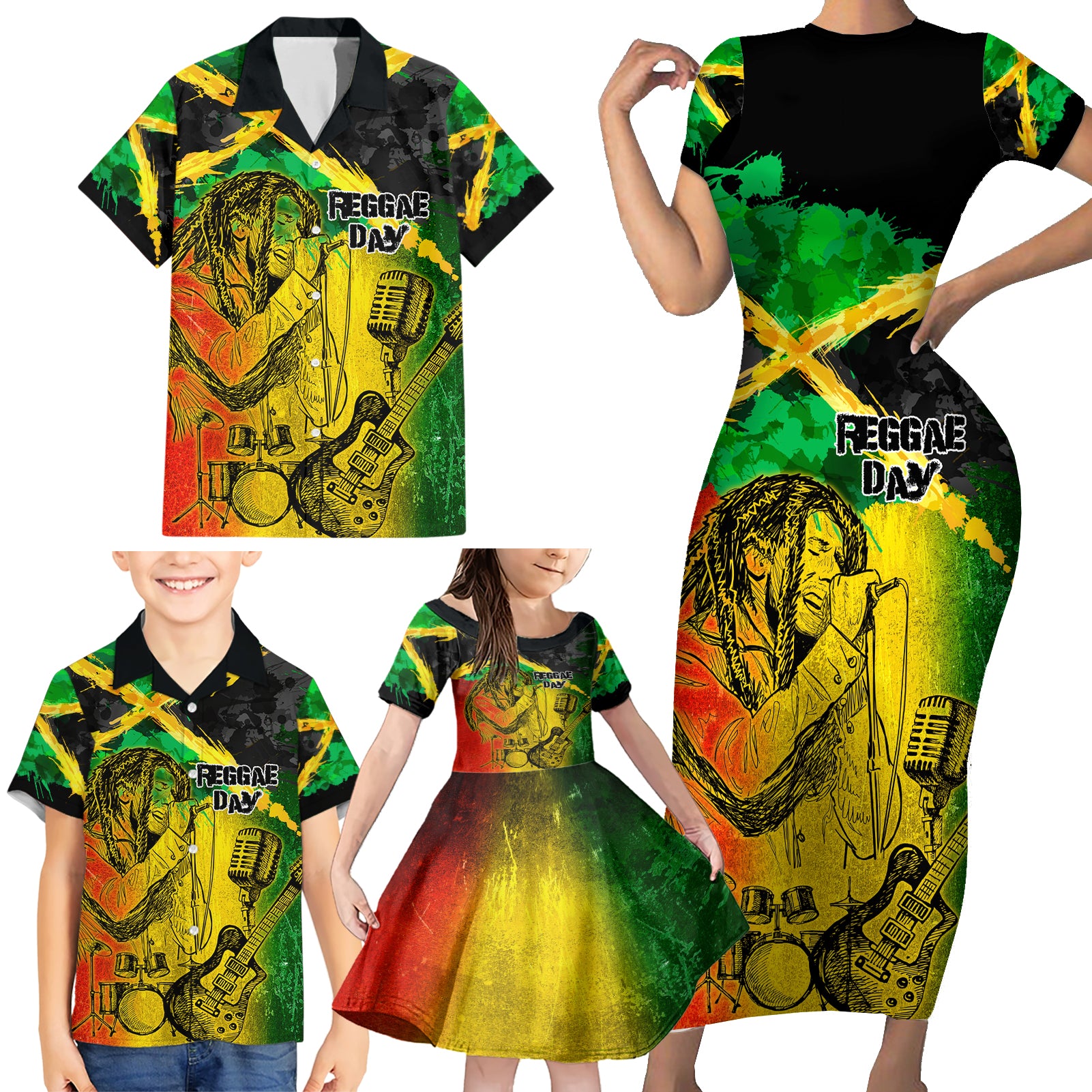 Jamaican Reggae Singer Family Matching Short Sleeve Bodycon Dress and Hawaiian Shirt B-Marley Reggae Grunge - Wonder Print Shop