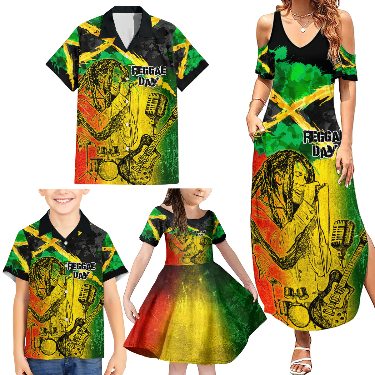 Jamaican Reggae Singer Family Matching Summer Maxi Dress and Hawaiian Shirt B-Marley Reggae Grunge