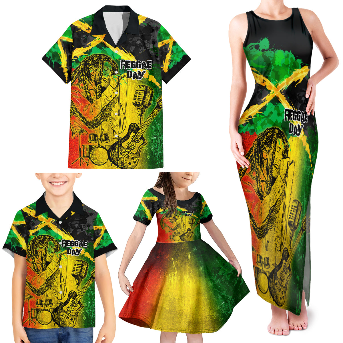 Jamaican Reggae Singer Family Matching Tank Maxi Dress and Hawaiian Shirt B-Marley Reggae Grunge