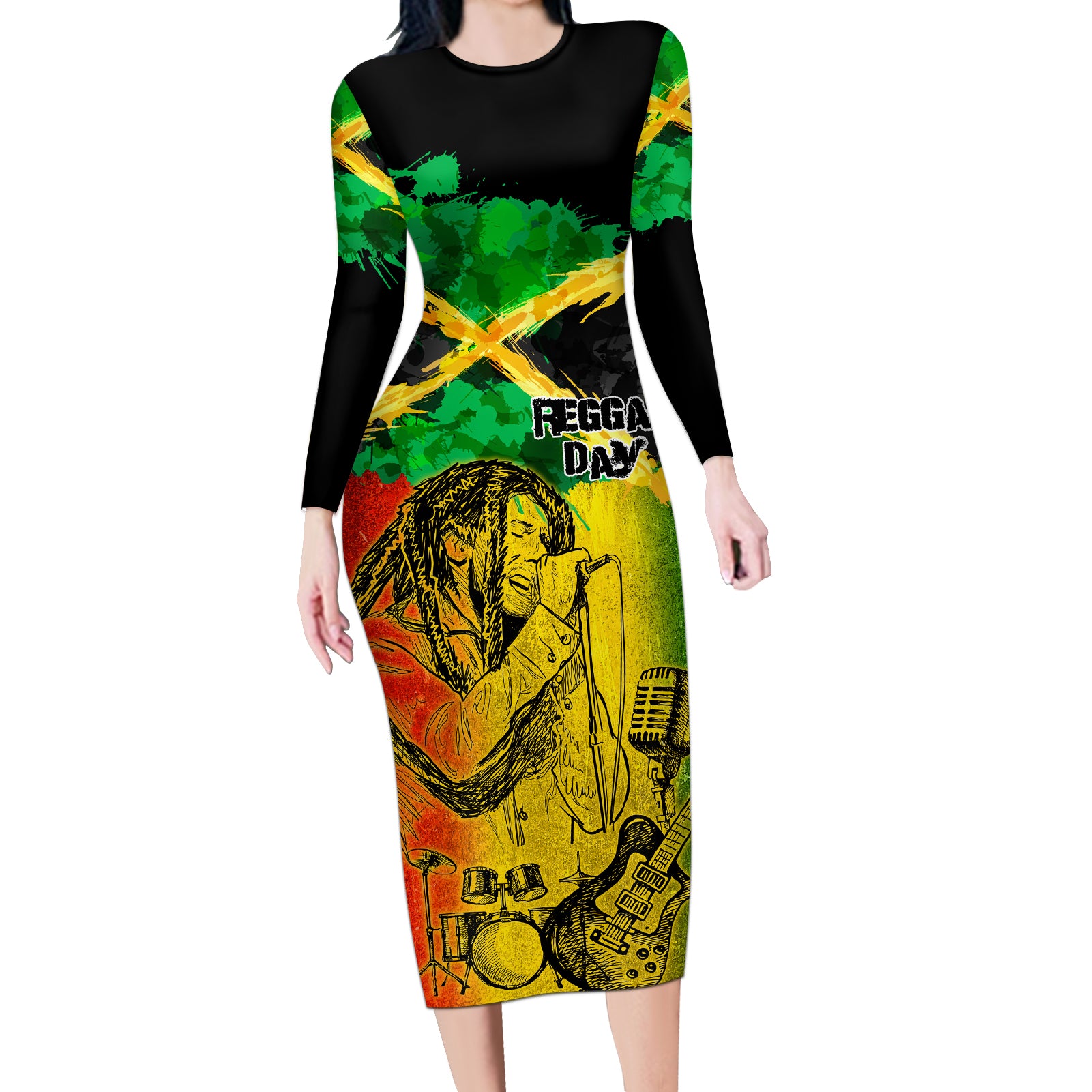 Jamaican Reggae Singer Long Sleeve Bodycon Dress B-Marley Reggae Grunge