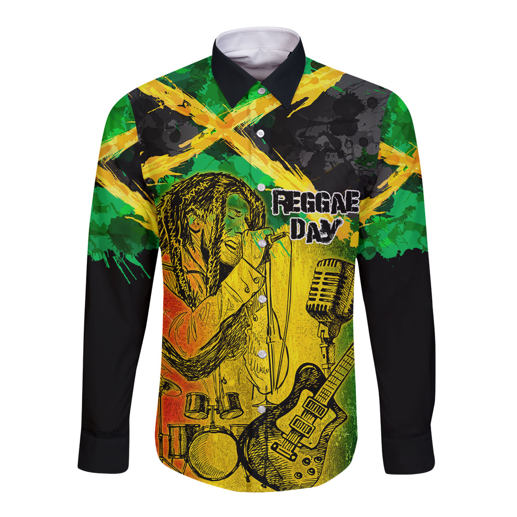 Unisex long-sleeve button shirt with black sleeves and reggae day music graphic