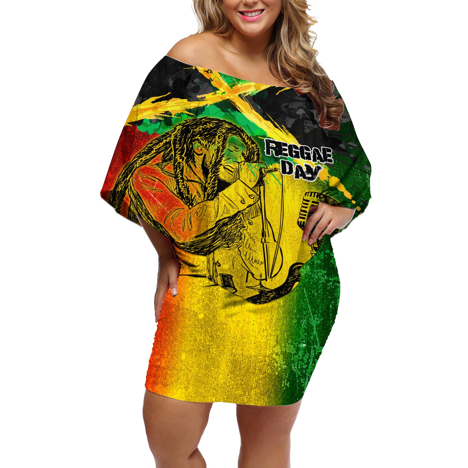 Jamaican Reggae Singer Off Shoulder Short Dress B-Marley Reggae Grunge