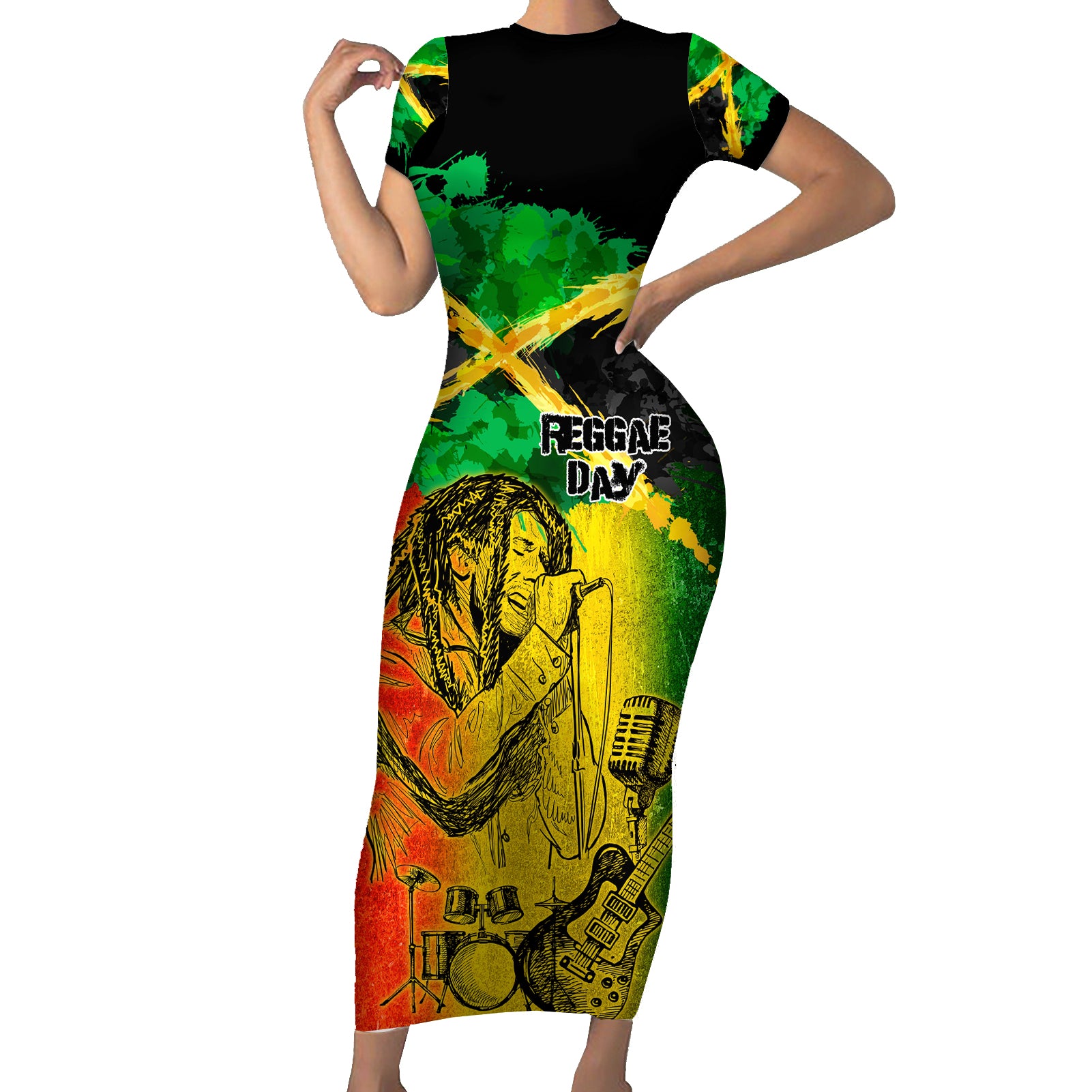 Jamaican Reggae Singer Short Sleeve Bodycon Dress B-Marley Reggae Grunge